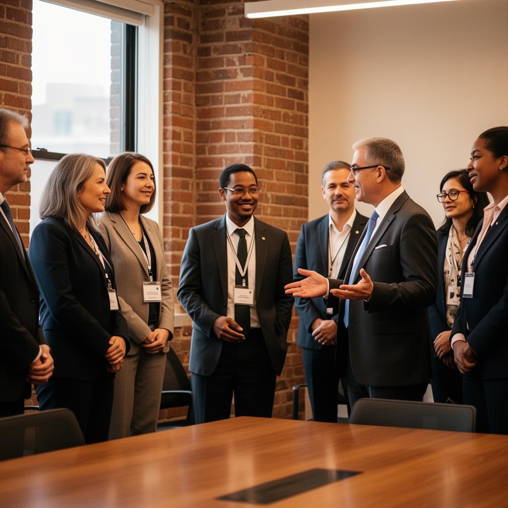 An international delegation in conversation with a host at a WorldBoston program