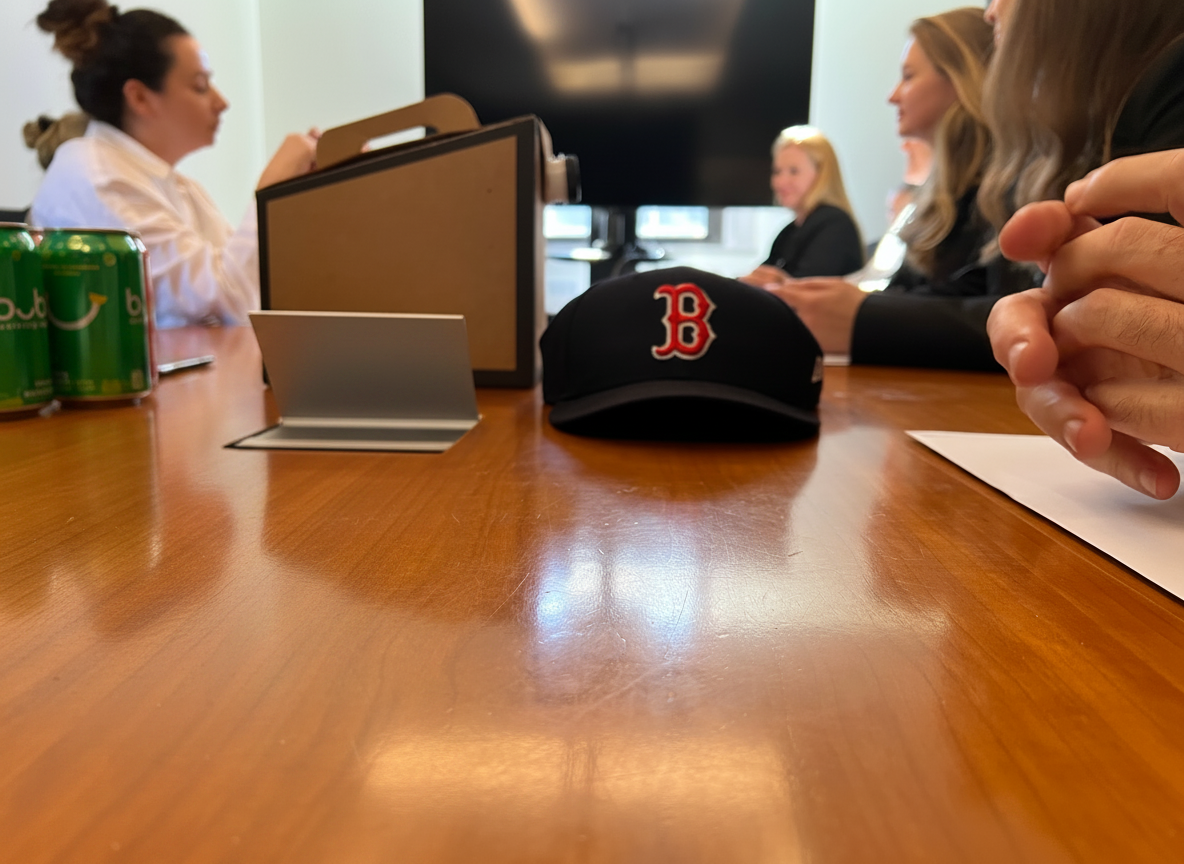 International delegation meeting around a conference table with a Boston Red Sox cap centered on the table
